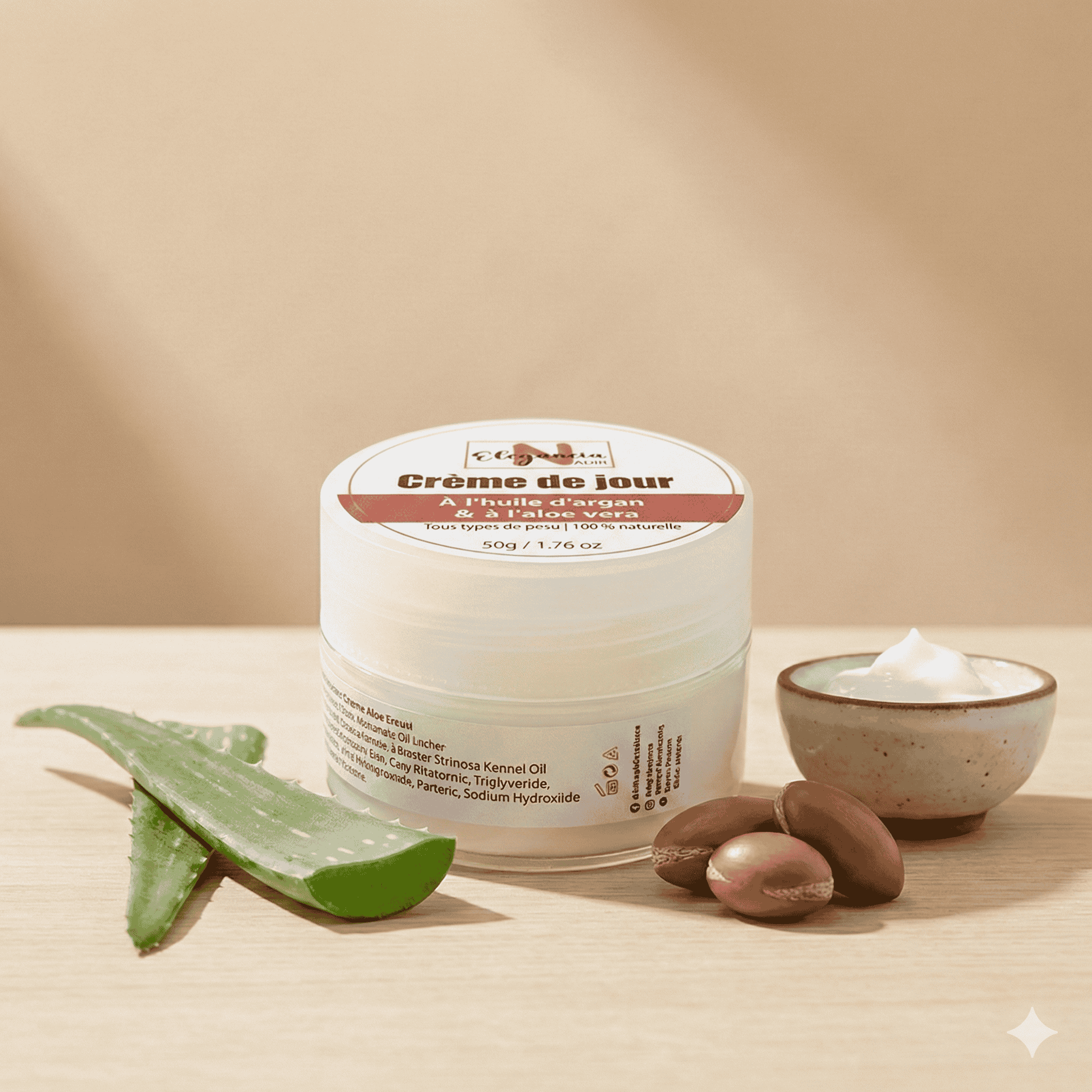 Crème de Jour à l'Huile d'Argan & Aloe Vera "Elegancia" - 100% Naturelle