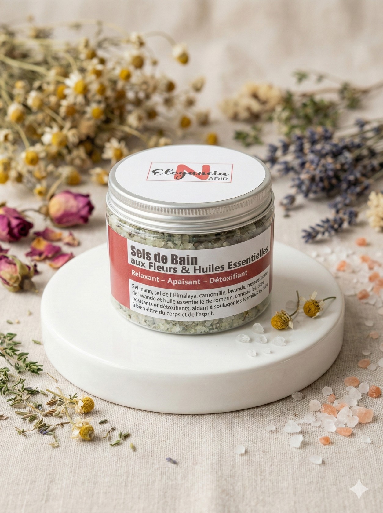 Sels de Bain Relaxants "Elegancia" - Sels de l'Himalaya & Fleurs Séchées